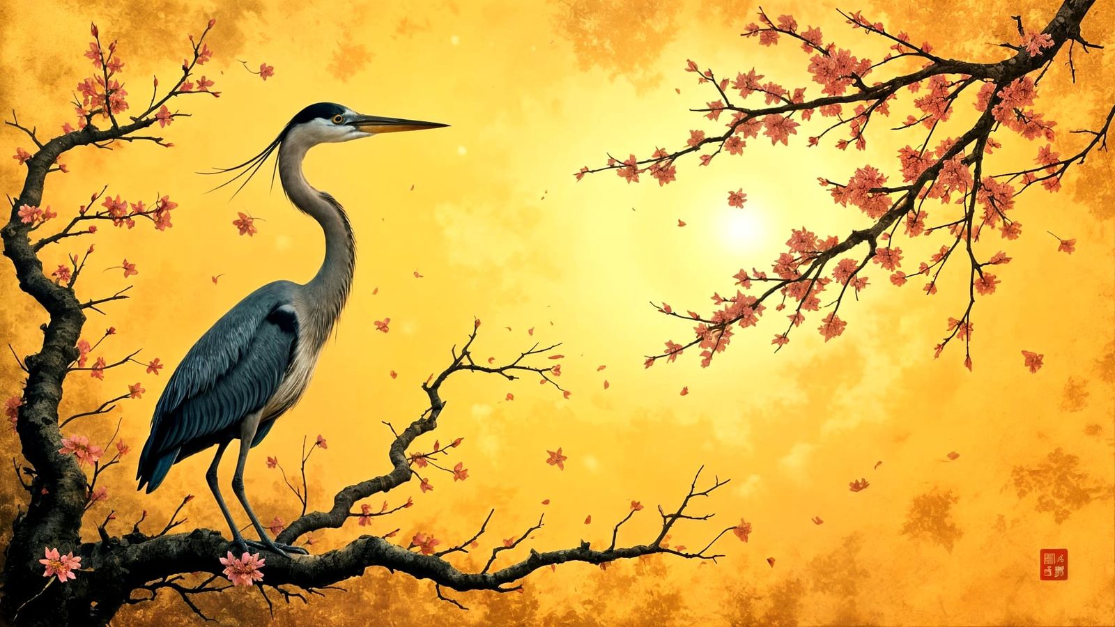 Heron Among Blossoms in Japanese Woodblock Style