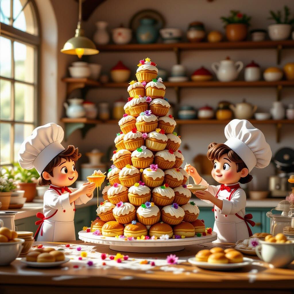 Animated Pastry Chefs Crafting Croquembouche