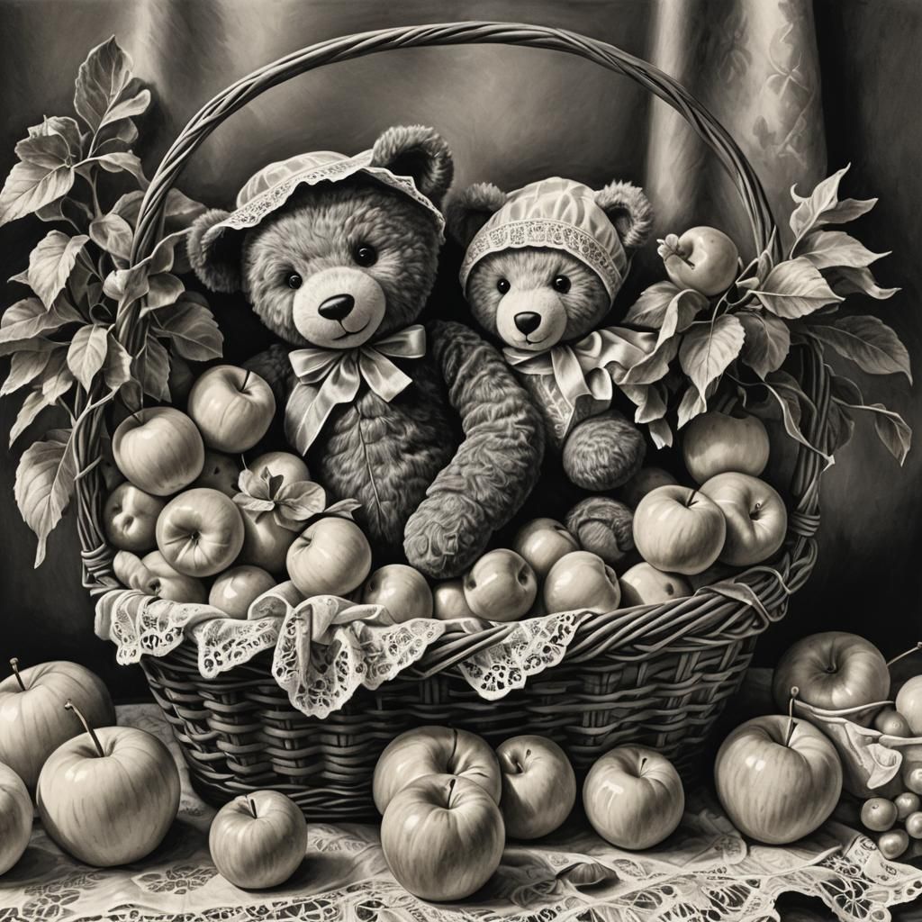 Hyperdetailed Charcoal Drawing of Basket with Teddy Bear