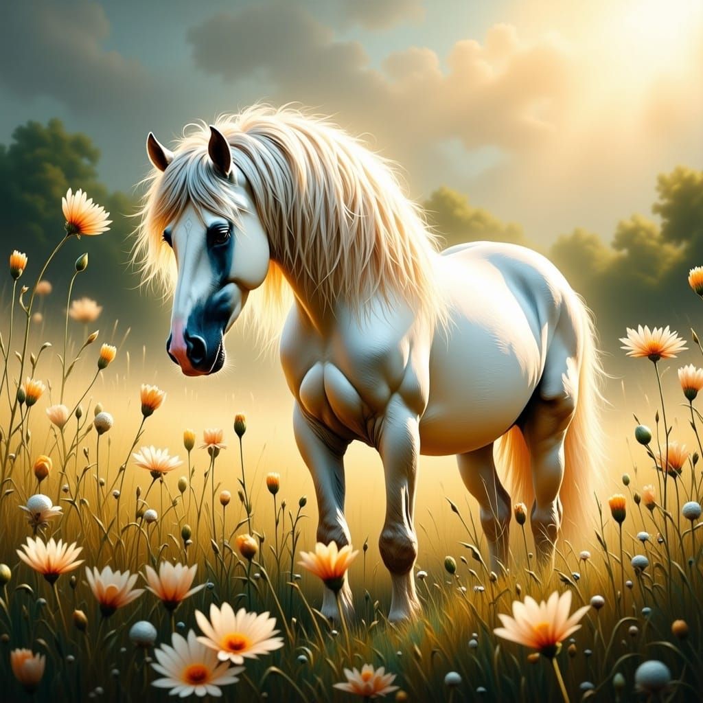 Miniature White Horse in Giant Flower Meadow