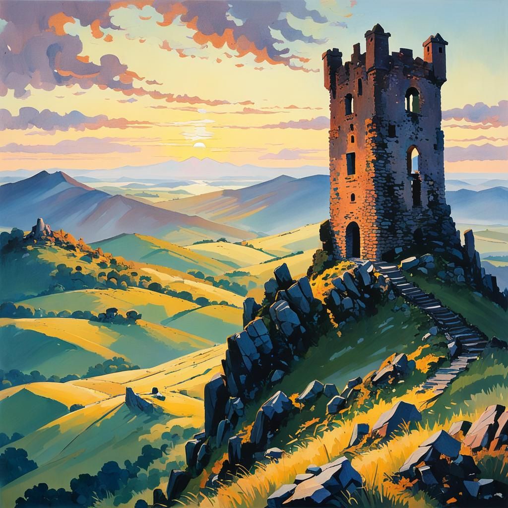 Mountain Tower in Evening Light, Pointillist Style