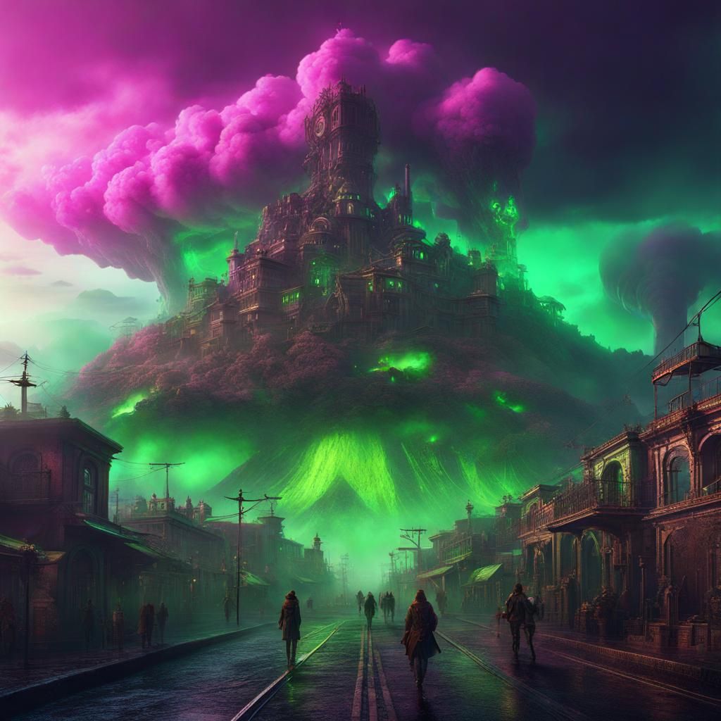 Steampunk City in Clouds with Neon Volcano