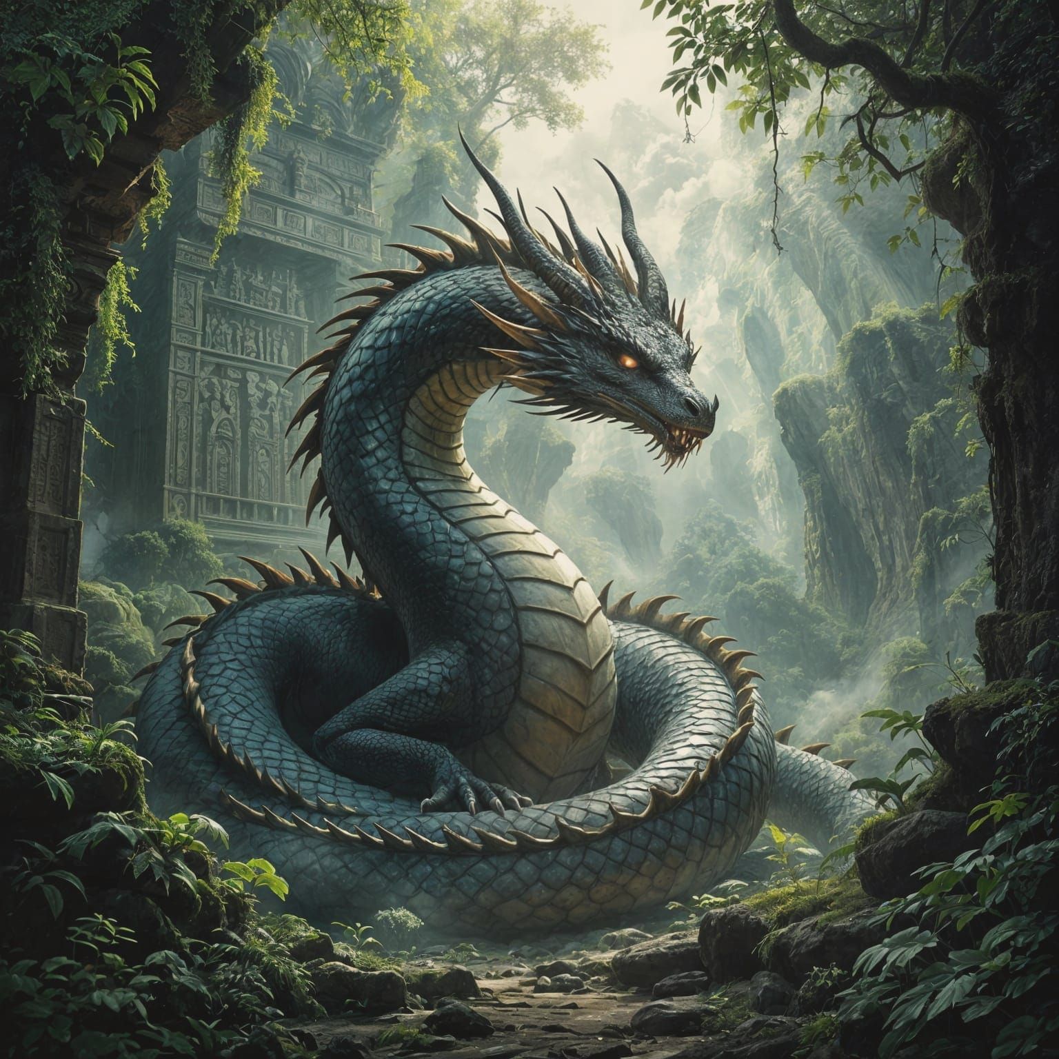 Ancient Dragon Coiled Around Jungle Ruins