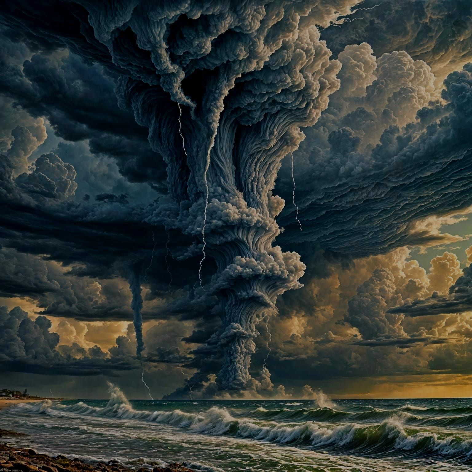 Waterspouts Ascend to Stormy Sky: A Surreal Vision