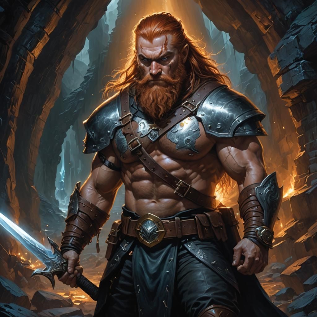 Muscular Dwarf Warrior in Glowing Cavern: Dark Fantasy Art
