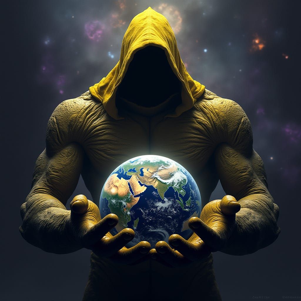 Cyberpunk Entity Guards the Earth in a Cosmic Tapestry