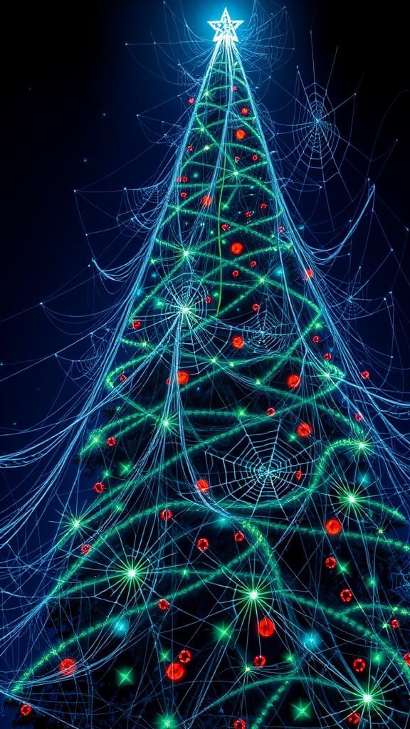 Surreal Christmas Tree with Neon Spiderwebs