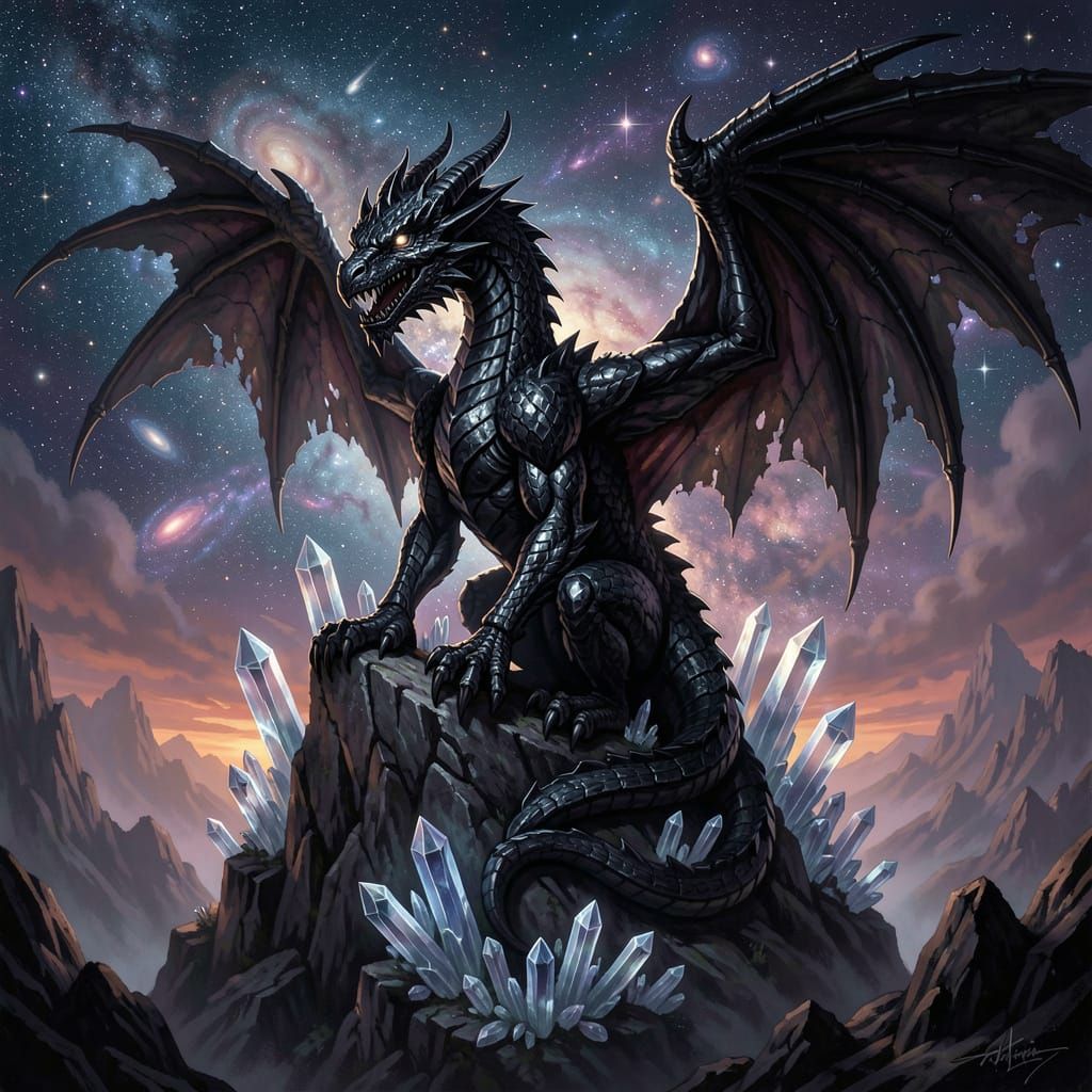 Obsidian Dragon on Mountain Peak in Nebula Sky