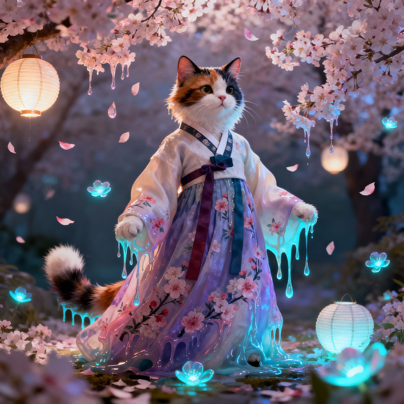 Surreal Melting Anthro Cat with Bioluminescent Blossoms in H...