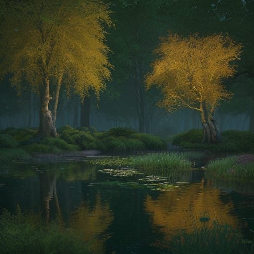 Hyper Realistic Forest Scene with Serene Pond and Wildlife
