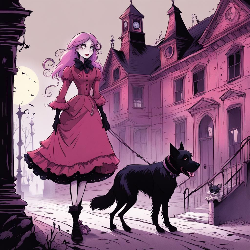 Pink Haired Woman and Dog in Burton Style