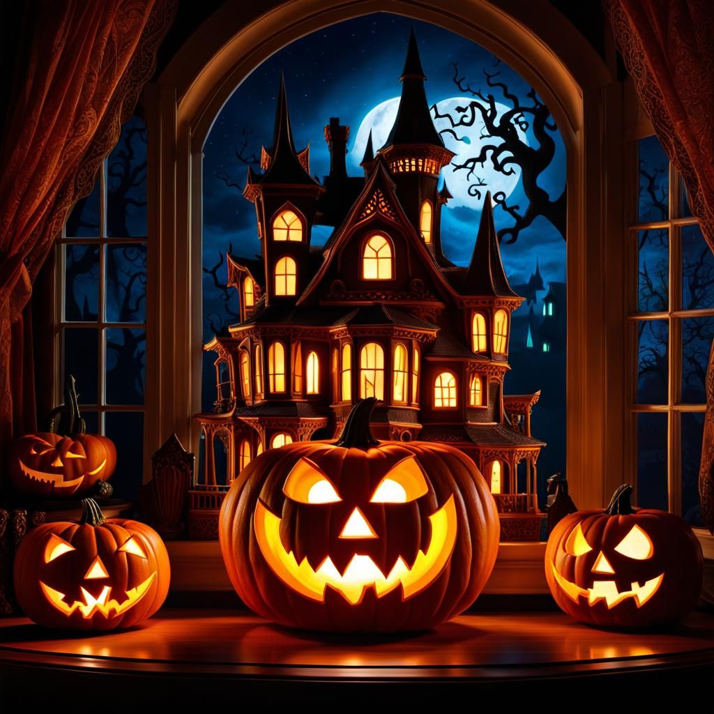Intricately Carved Halloween Pumpkin with Haunted House