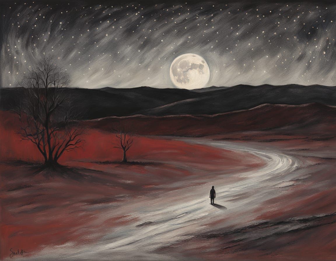 Ethereal Blood Moon Landscape in Chalk Art Style