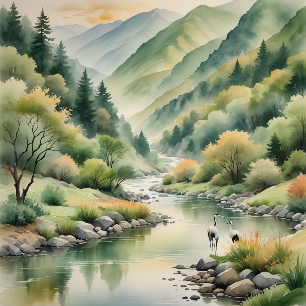 Watercolor Landscape with Cranes and Misty Mountains