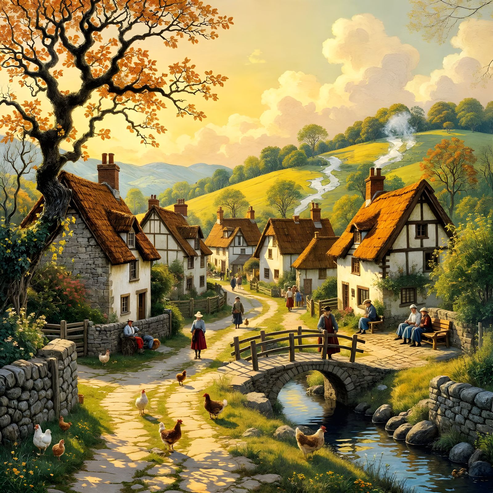 Rustic Village Scene in Warm Oil Painting Style