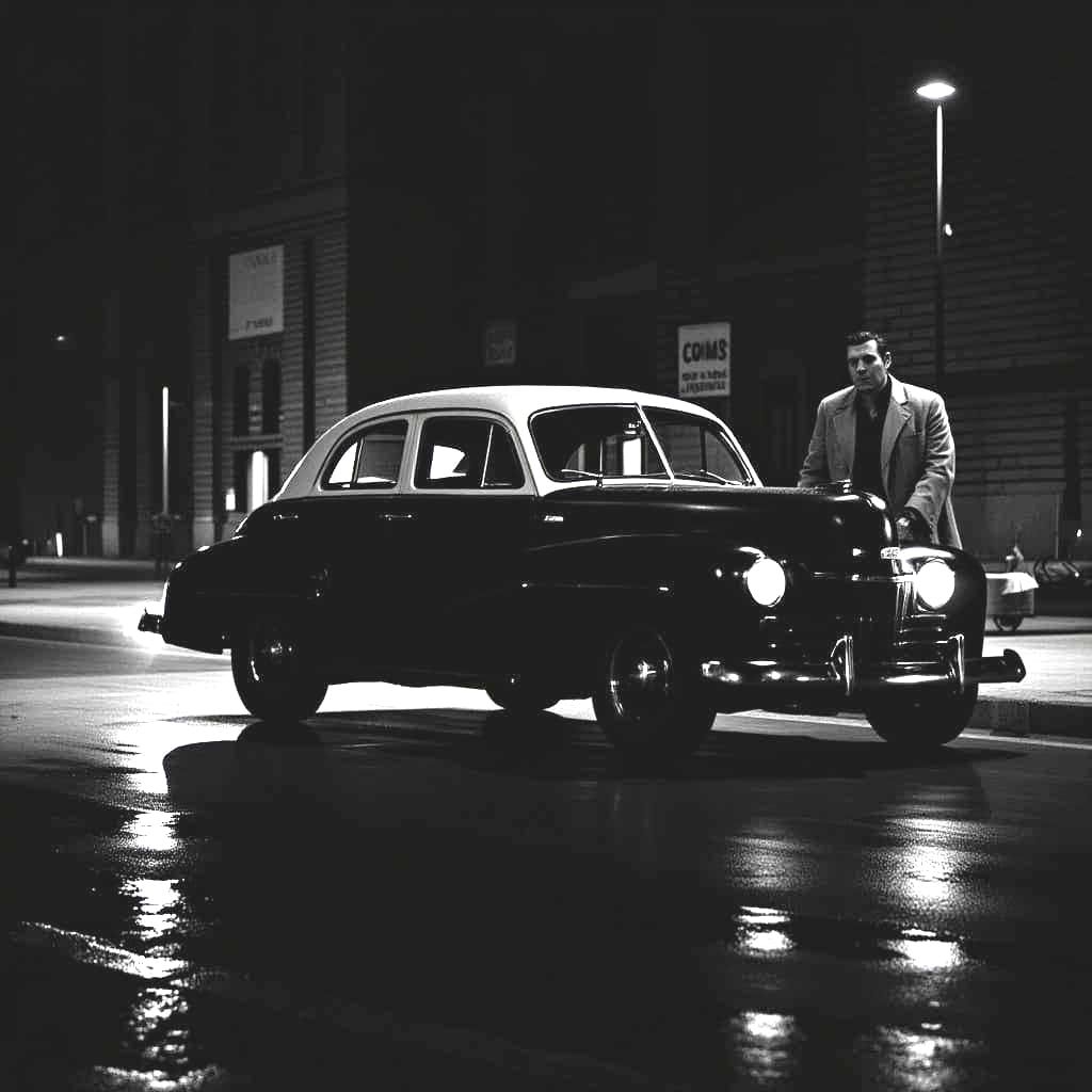 1949 Oldsmobile Rocket 88 in Film Noir Cityscape