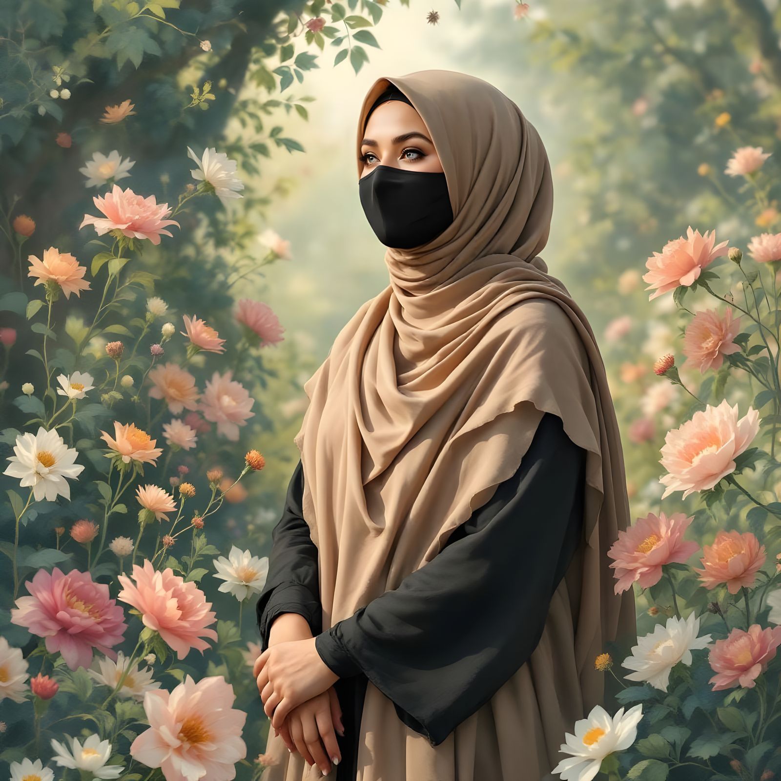 Woman in Hijab in Sunlit Floral Garden