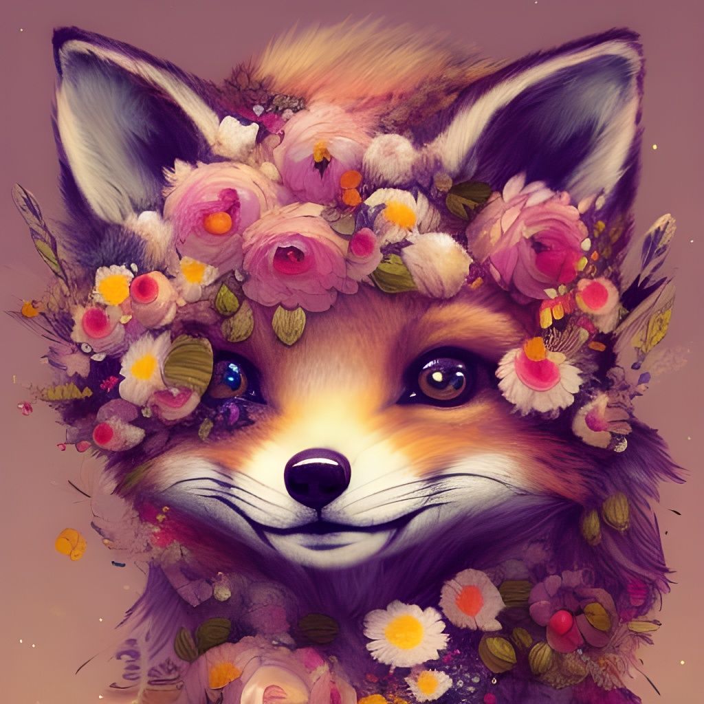 Chibi Fox Adorned with Flowers, Hyperrealistic Art