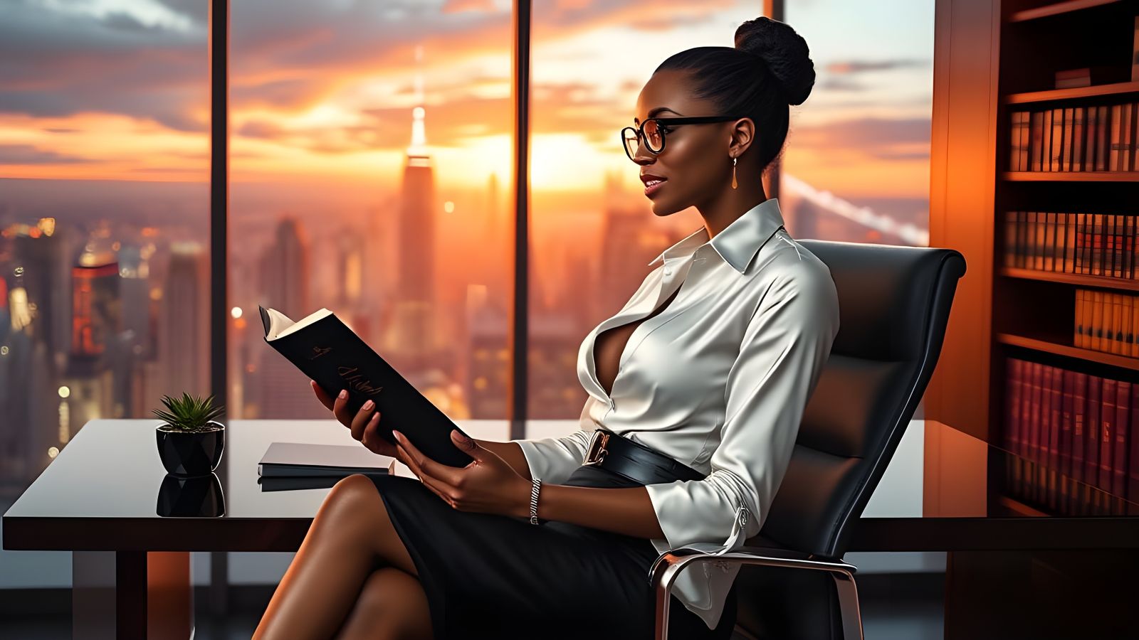 Elegant African American Woman in Modern Office with City Sk...