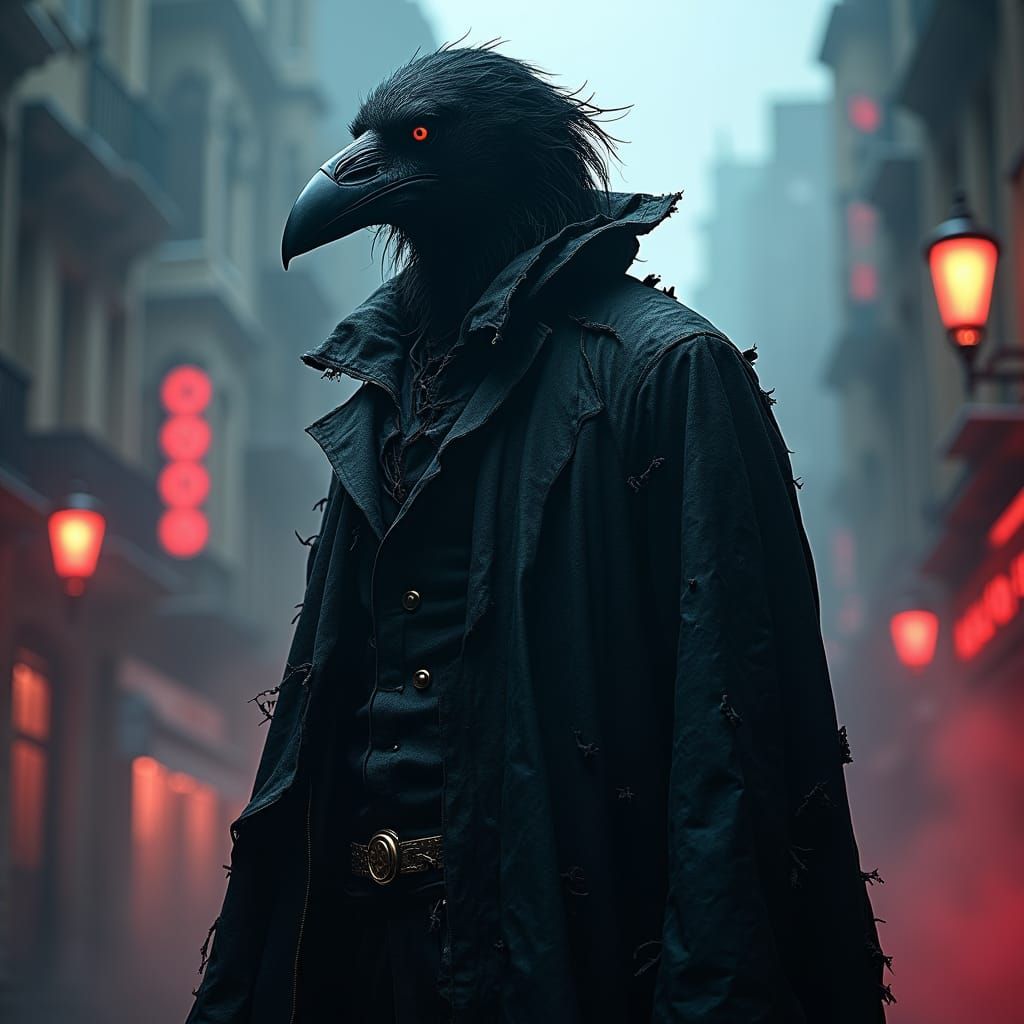 Mystical Dark Figure in Gothic Cityscape, Photoreal 4K