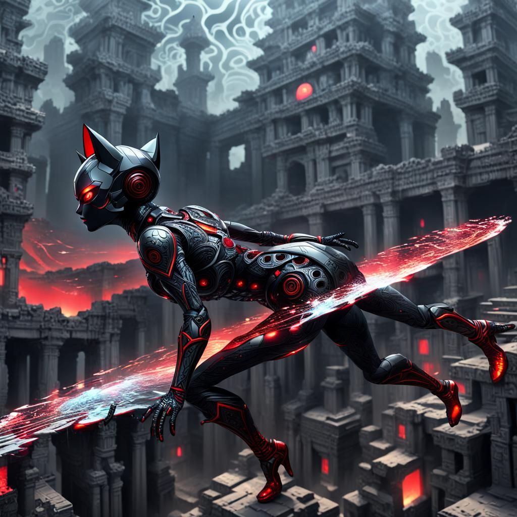 Android Catwoman in Crystal Suit on Ruins