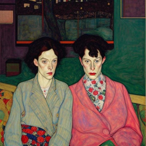 Anxious Friends Await News in Expressionist Style