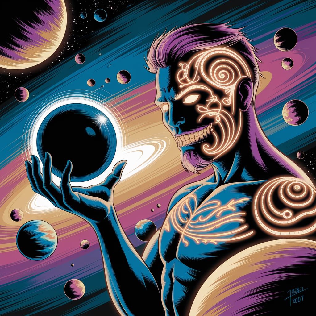 Futuristic God Holding Black Hole in Comic Book Art