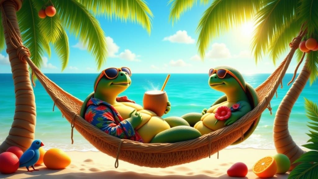 Joyful Turtle on Tropical Beach in Cartoon Style
