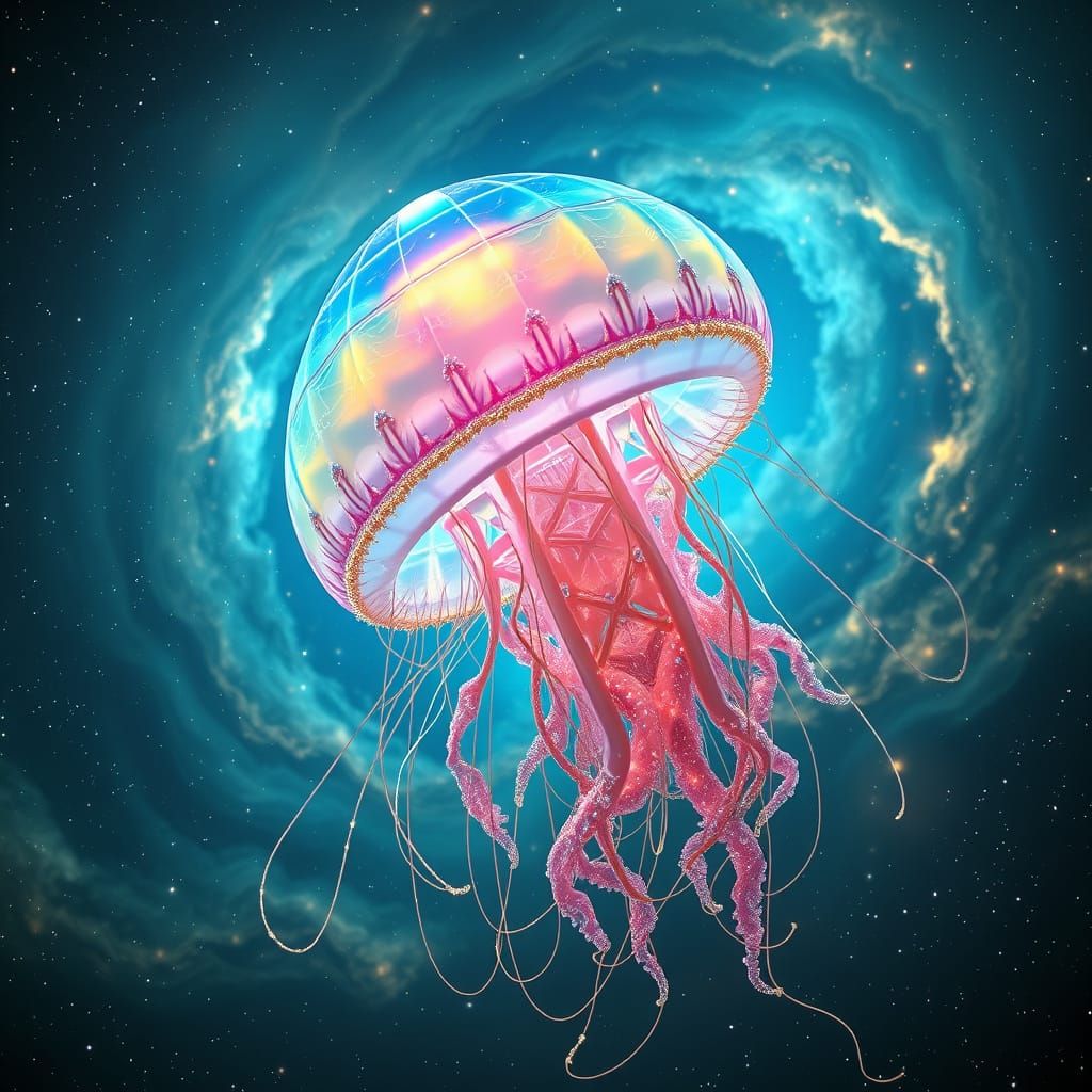 Galactic Jellyfish in a Kaleidoscopic Nebula, in Digital Art...