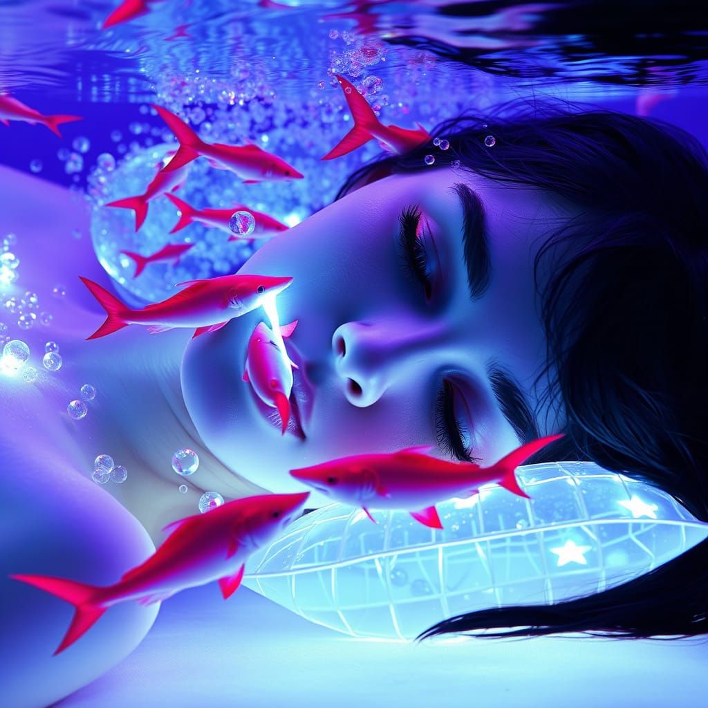 Woman Underwater Amidst Bubbles and Sharks, Bioluminescent G...