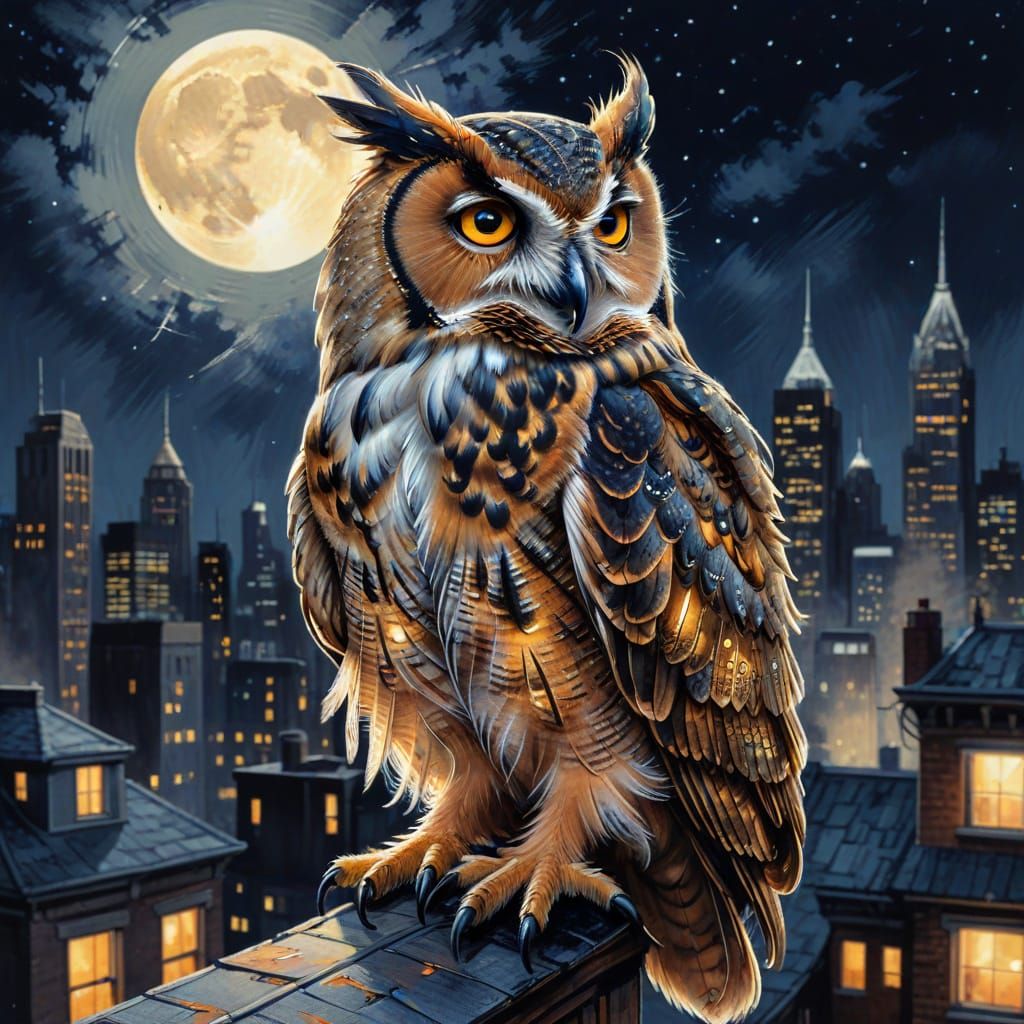 Moonlit Owl Gouache Painting on City Rooftop