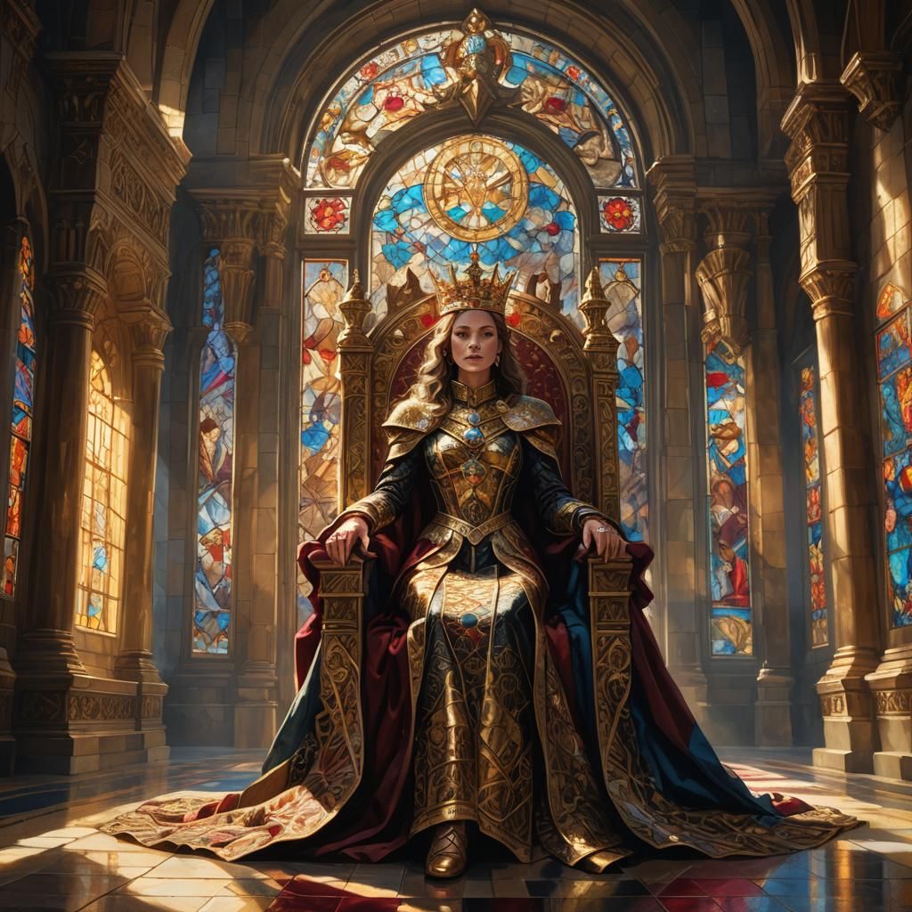 Regal Queen on Throne in Grand Hall