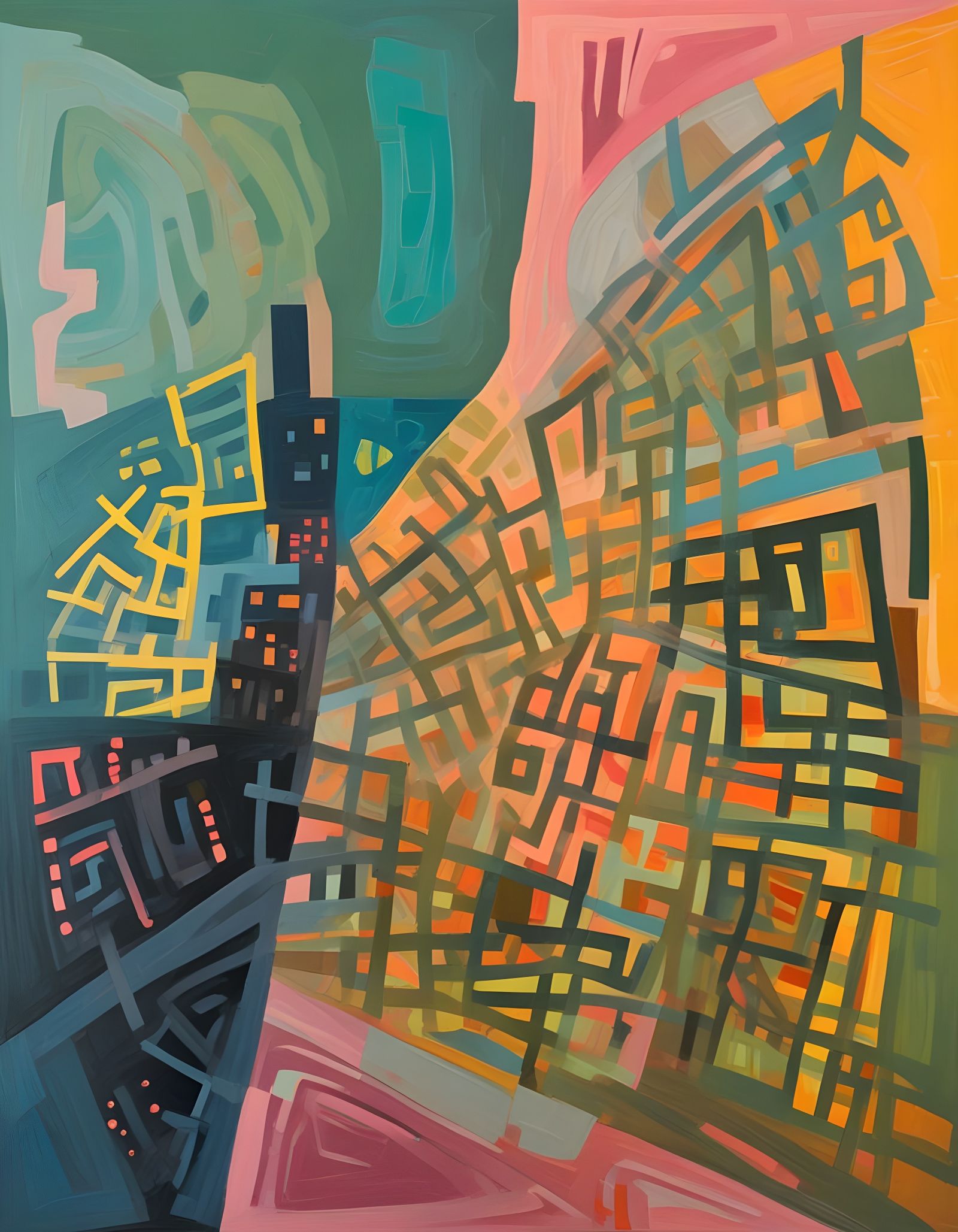 Abstract Village Night Scene in Vibrant Colors