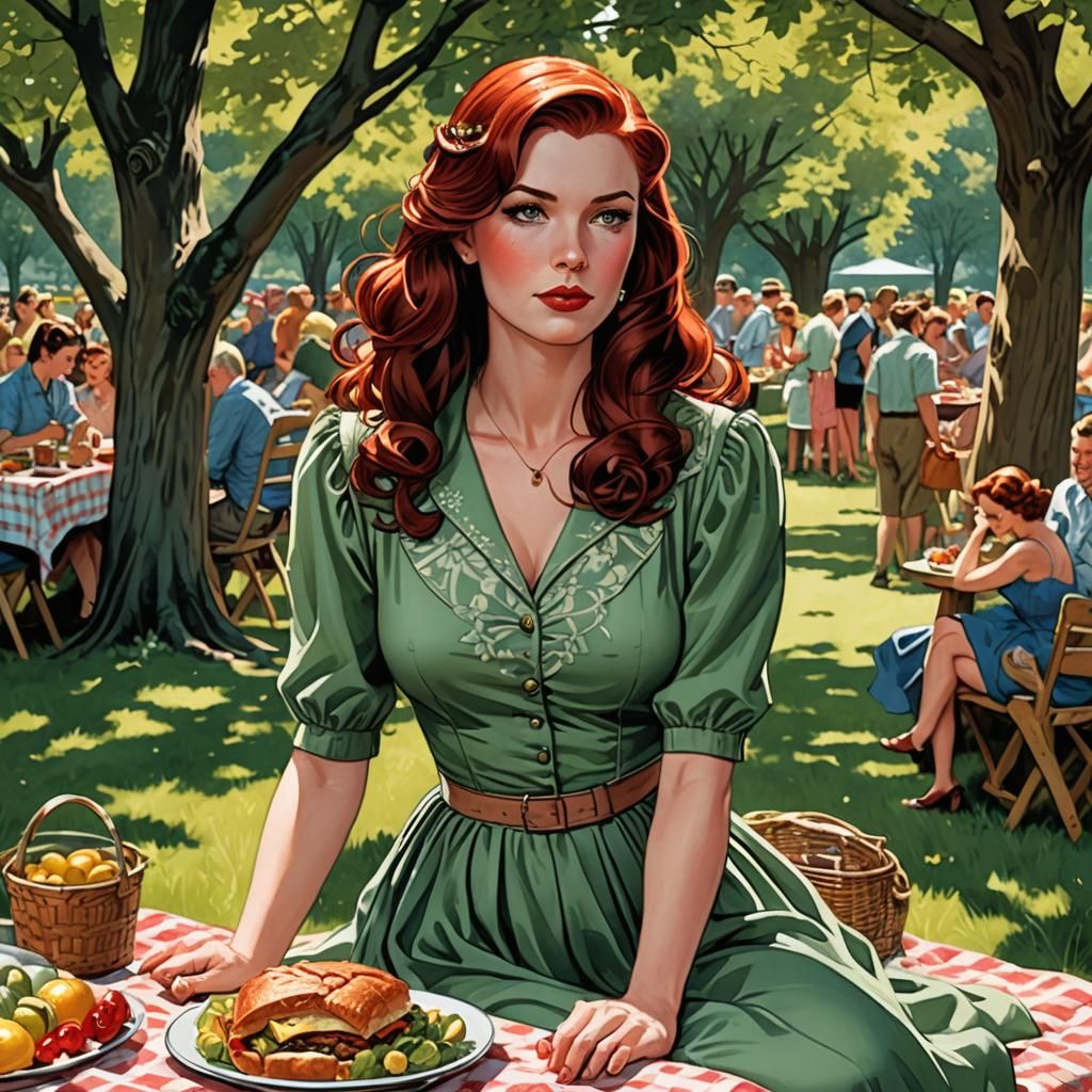 Comic Book Girl in Green Dress at Picnic