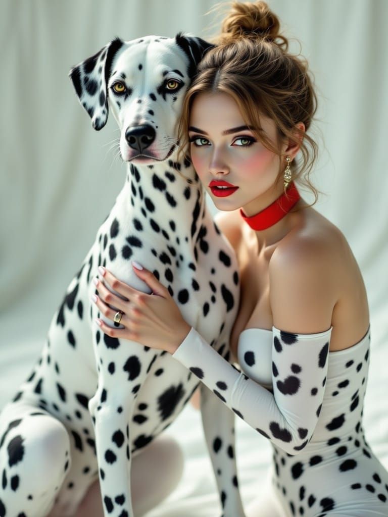 Dalmatian-Painted Woman Poses With Dog In White Studio