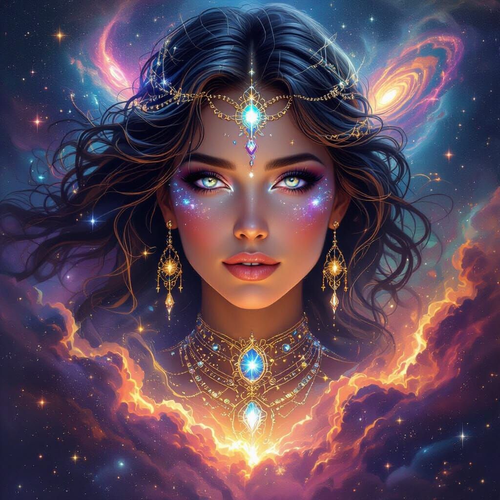 Cosmic Goddess Emerging from Nebula in Hyper-Realistic Style