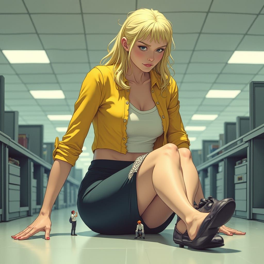 Giant Young Woman Overwhelms Modern Office