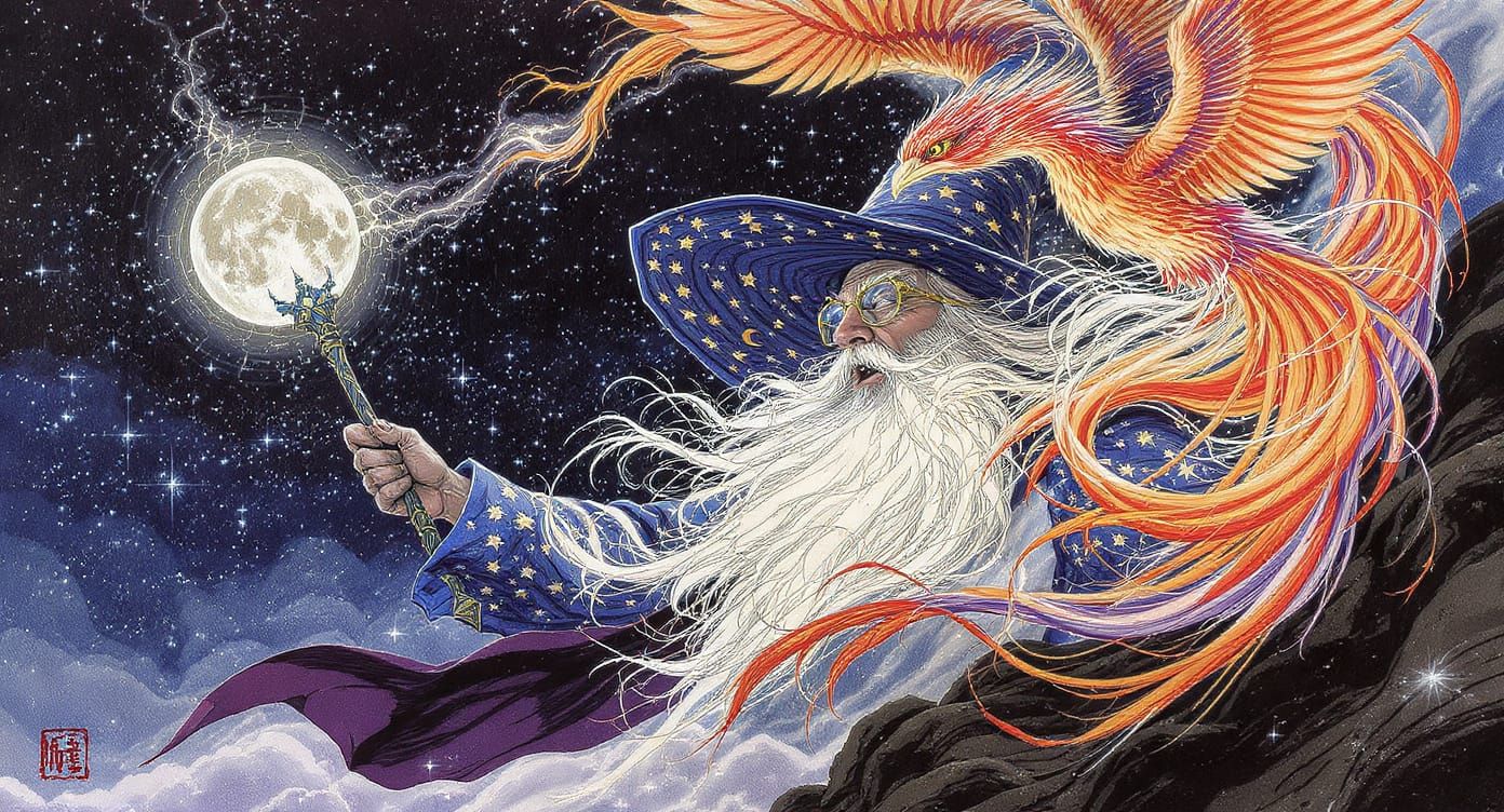 Old Wizard Casting a Spell with Phoenix