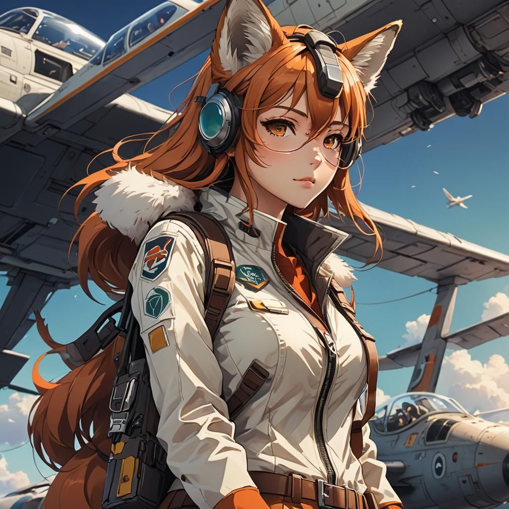 Anime Fox Girl Aviator in Cel-Shaded Style