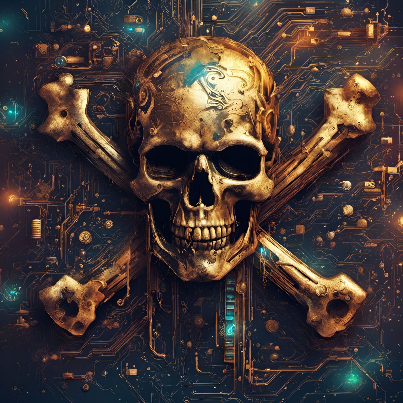 Hyperrealistic Pirate Symbol with Electronic Circuits