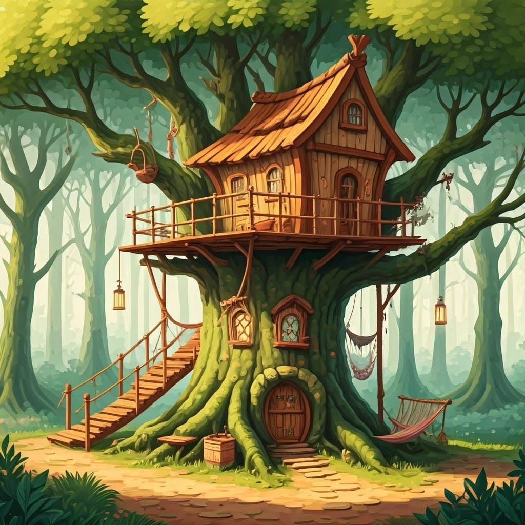 Whimsical Treehouse Village in a Fairytale Setting