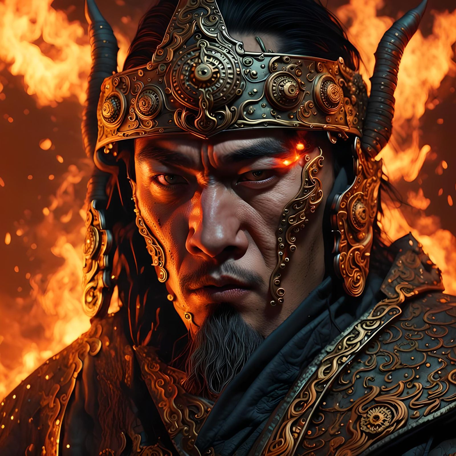 Cyberpunk Mongolian Warrior in Fiery Dystopia