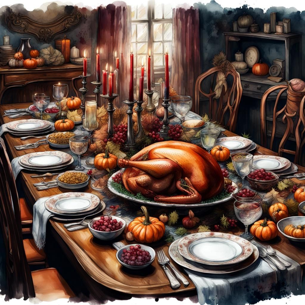 Detailed tablescape, Thanksgiving, the Addams family, Digital watercolor Illustration fantasycore,