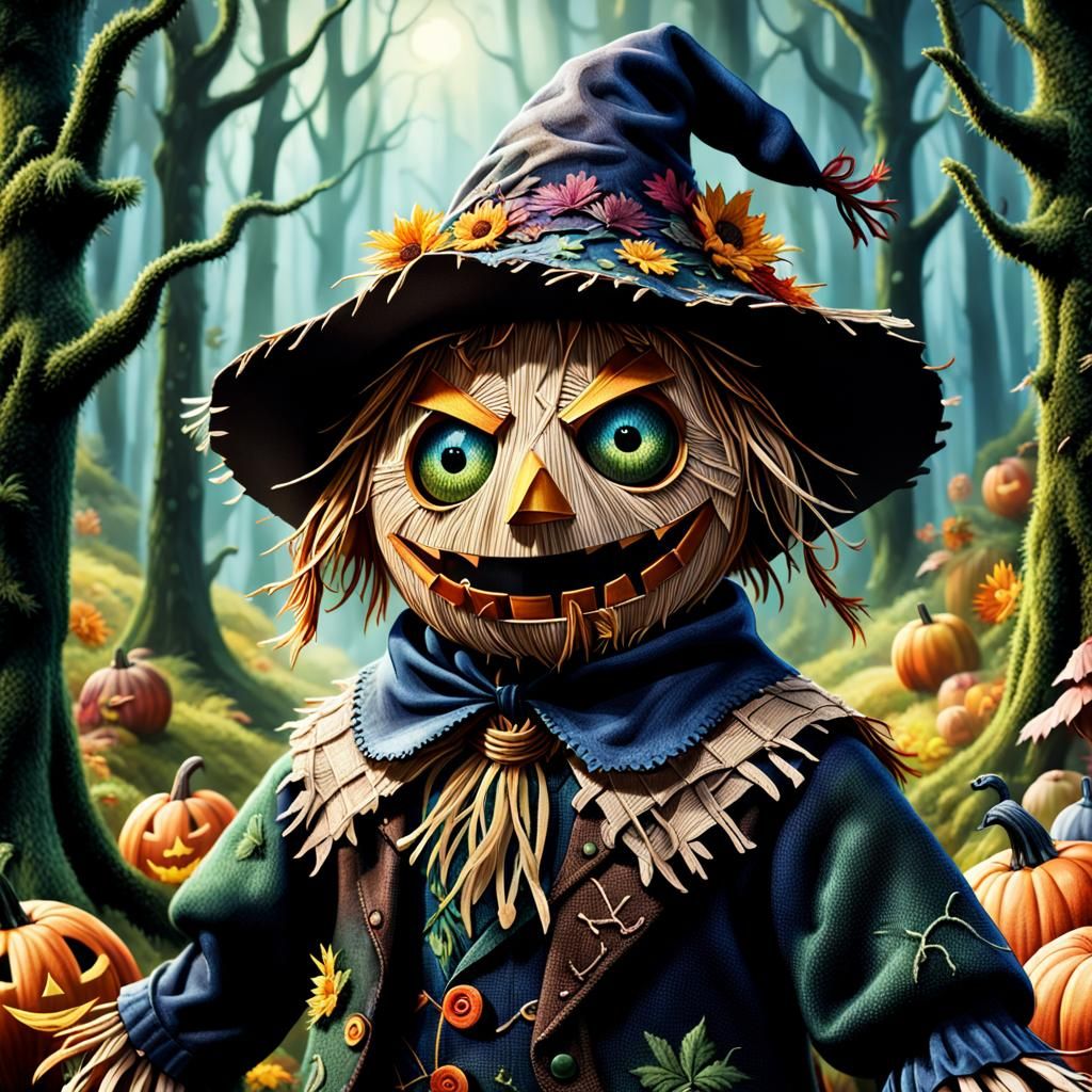 Adorable Scarecrow in Dark Forest Fantasy Scene