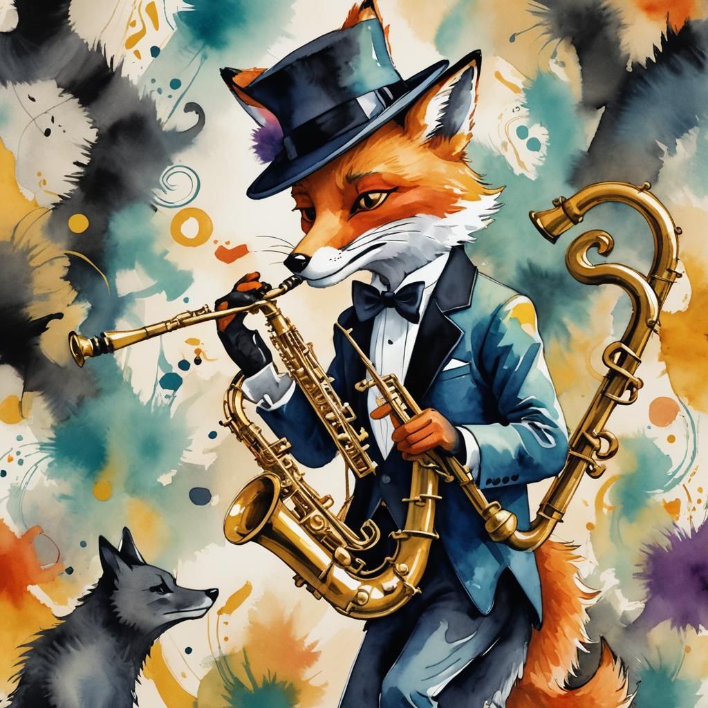 Surreal Jazz Fox Plays Saxophone in Watercolor Style