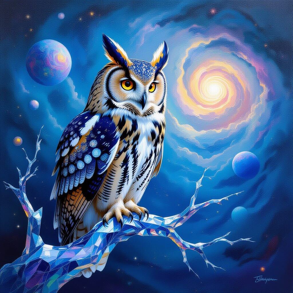 Nebula Owl on Cosmic Branch: Impasto Oil Painting