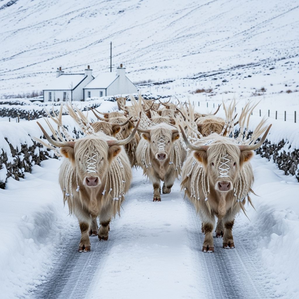 Albino Highland Cows in Snowy Lapland