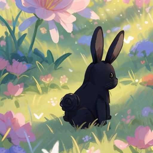 Black Bunny Kisses Pink Bunny in Meadow