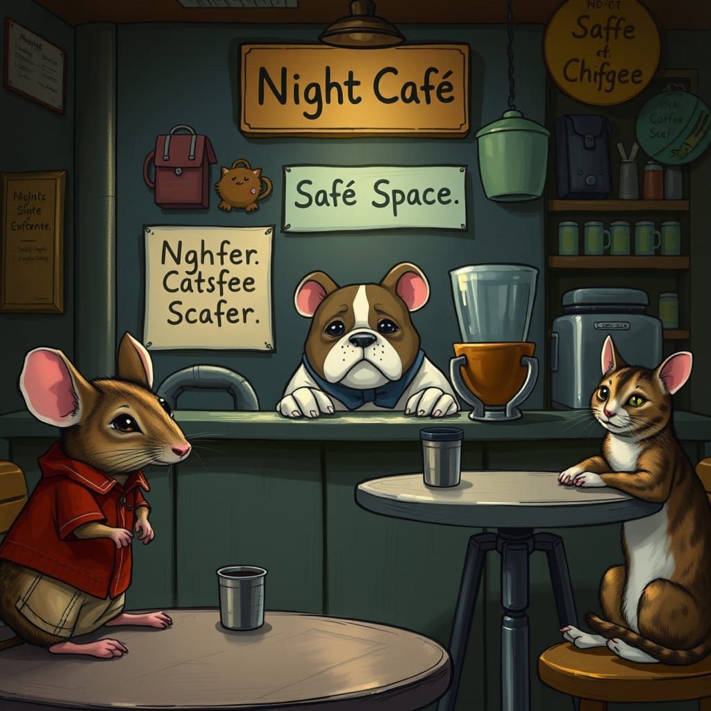 Whimsical Nighttime Cafe Scene with Anthropomorphic Mice and...