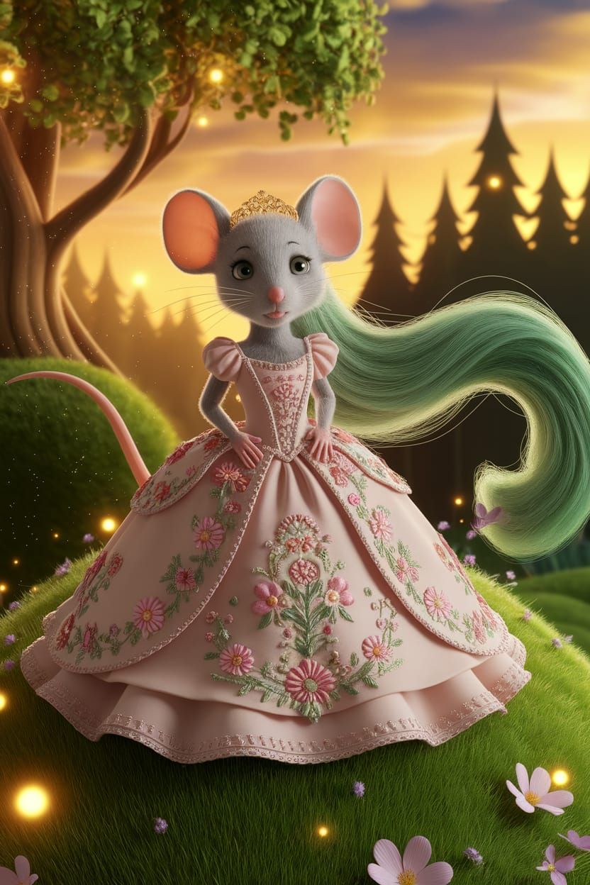Mouse Rapunzel in Enchanted Forest: 3D Render